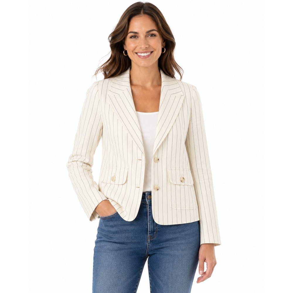 Talots Ivory‎ Navy Pinstripe Cotton Linen Blazer Jacket Size 10 NWT 56889574